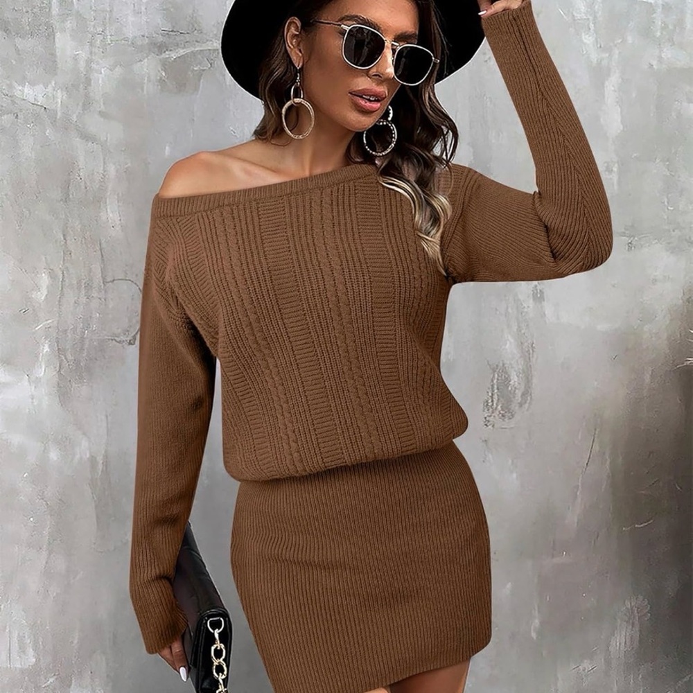 Brown Ribbed Sweater Dress – Off Shoulder/Boat Neck, Bodycon, Size Medium NWT